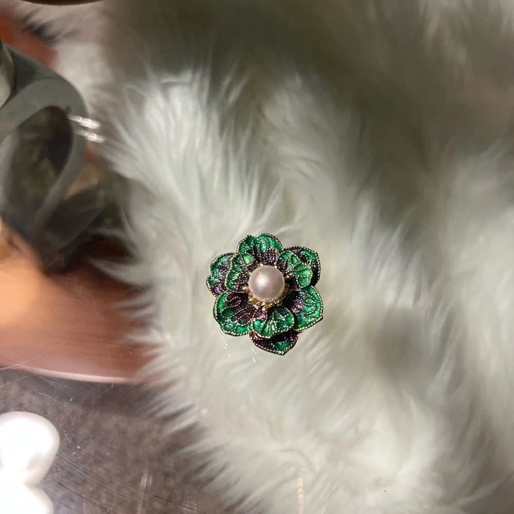 Purple, Green, Gold Brooch with Pearl in Center